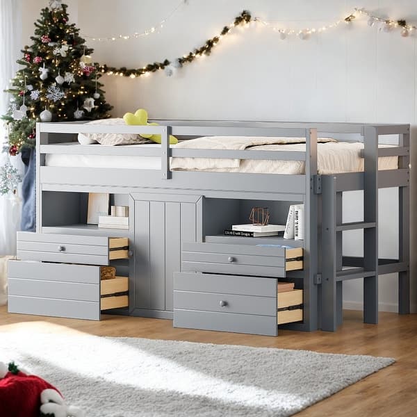 slide 2 of 15, Elegant design Twin Size Loft Bed with 4 Drawers, Underneath Cabinet and Shelves, Space-saving, Solid Construction, Grey Grey