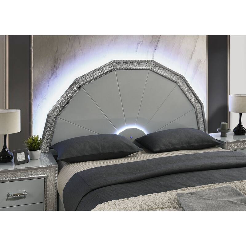 Glam Metallic Gray 4-Pc Bedroom Furniture Set with Backlit LED on Headboard and Mirror