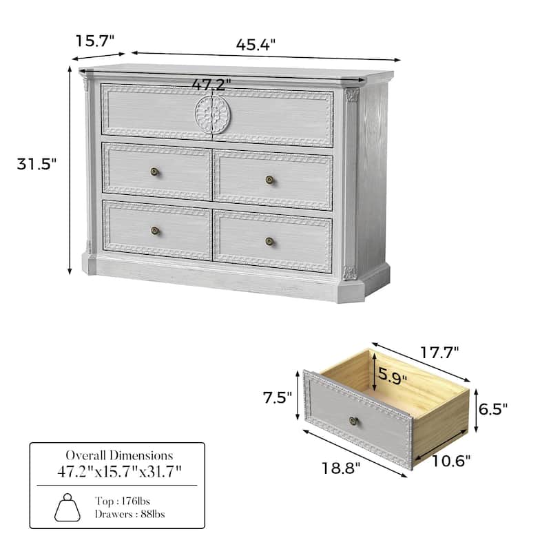 Solid Wood Dresser with 5 Drawers Chest Fully Assembled Storage Cabinet for Living Room or Bedroom