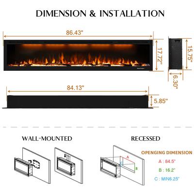 74inches Wall Mounted and Recessed Electric Fireplace,1500W/750W