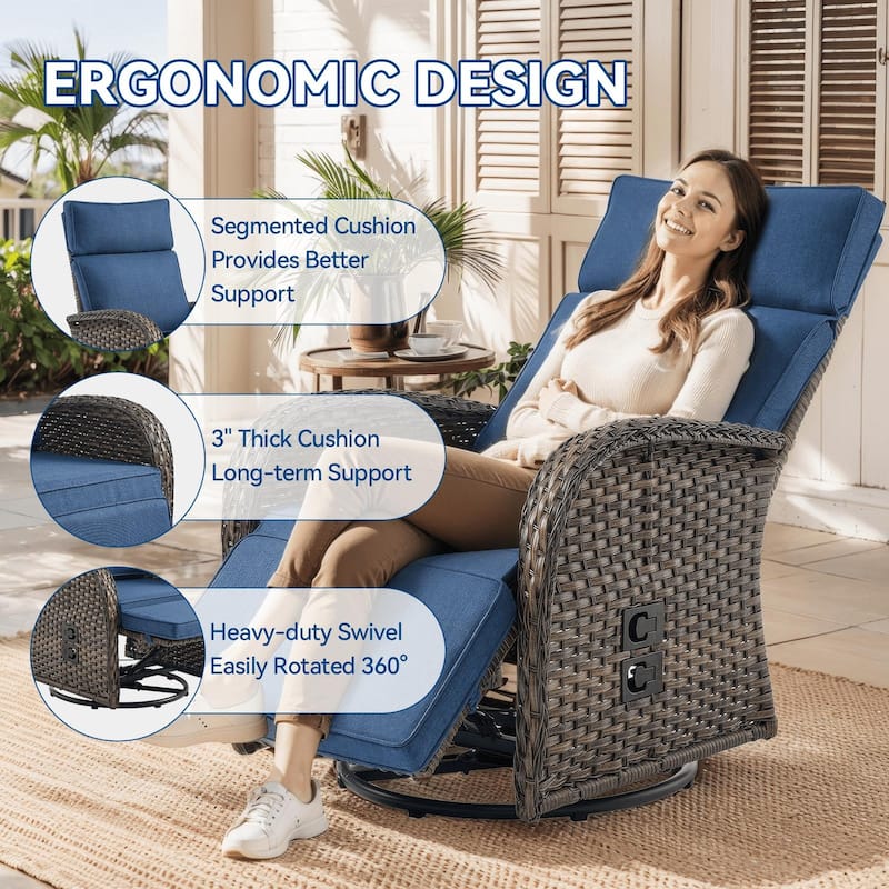 Pocassy 3PCS Versatile Outdoor Recliner Chair with Side Table Blue Cushion