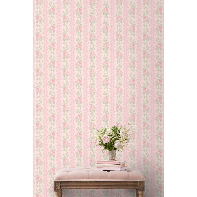 LoveShackFancy A-Street Prints Blooming Heirloom Strawberry Macaron Rose Stripe Wallpaper