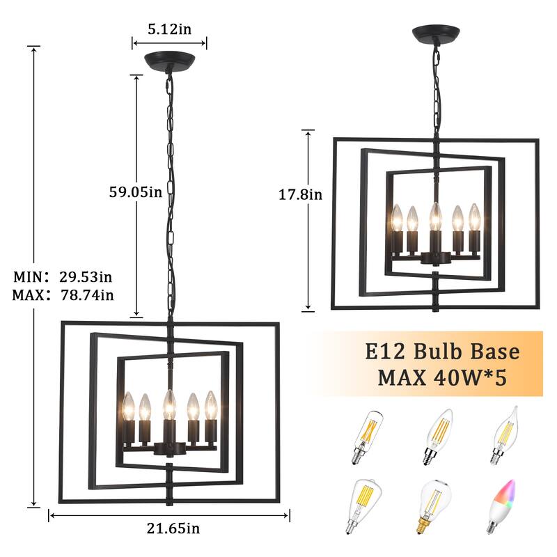 21.65inch 5 Lights Modern Chandelier with Metal Frame 360 Degree Adjustable for Different Rooms