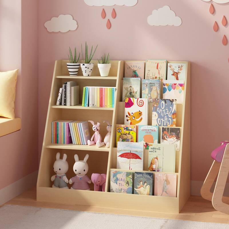 Kids Bookshelf and Toy Storage Organizer, Multifunctional 4 Tier Wooden Kids Book Shelf with Bookcase Display Stand