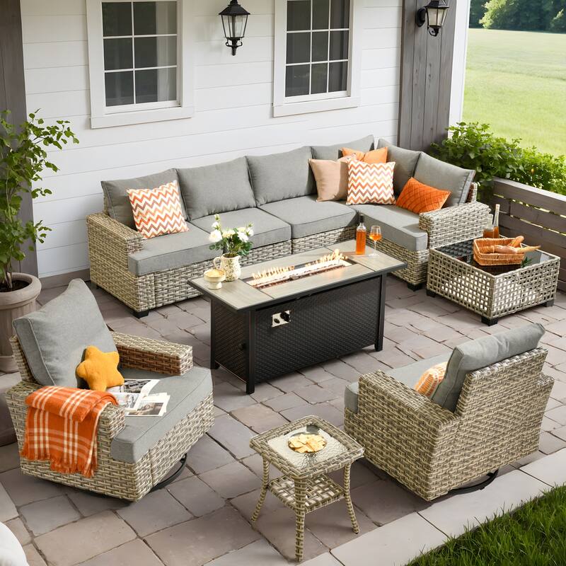 OVIOS 10 Pieces T shaped Seat Wide Armrest Swivel Chair Set With Solar-Powered Table&Fire Pit - Deep Gray