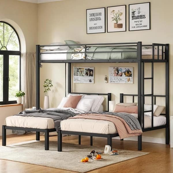 slide 2 of 16, Twin over Twin & Twin Bunk Bed with Exchange Ladder Black