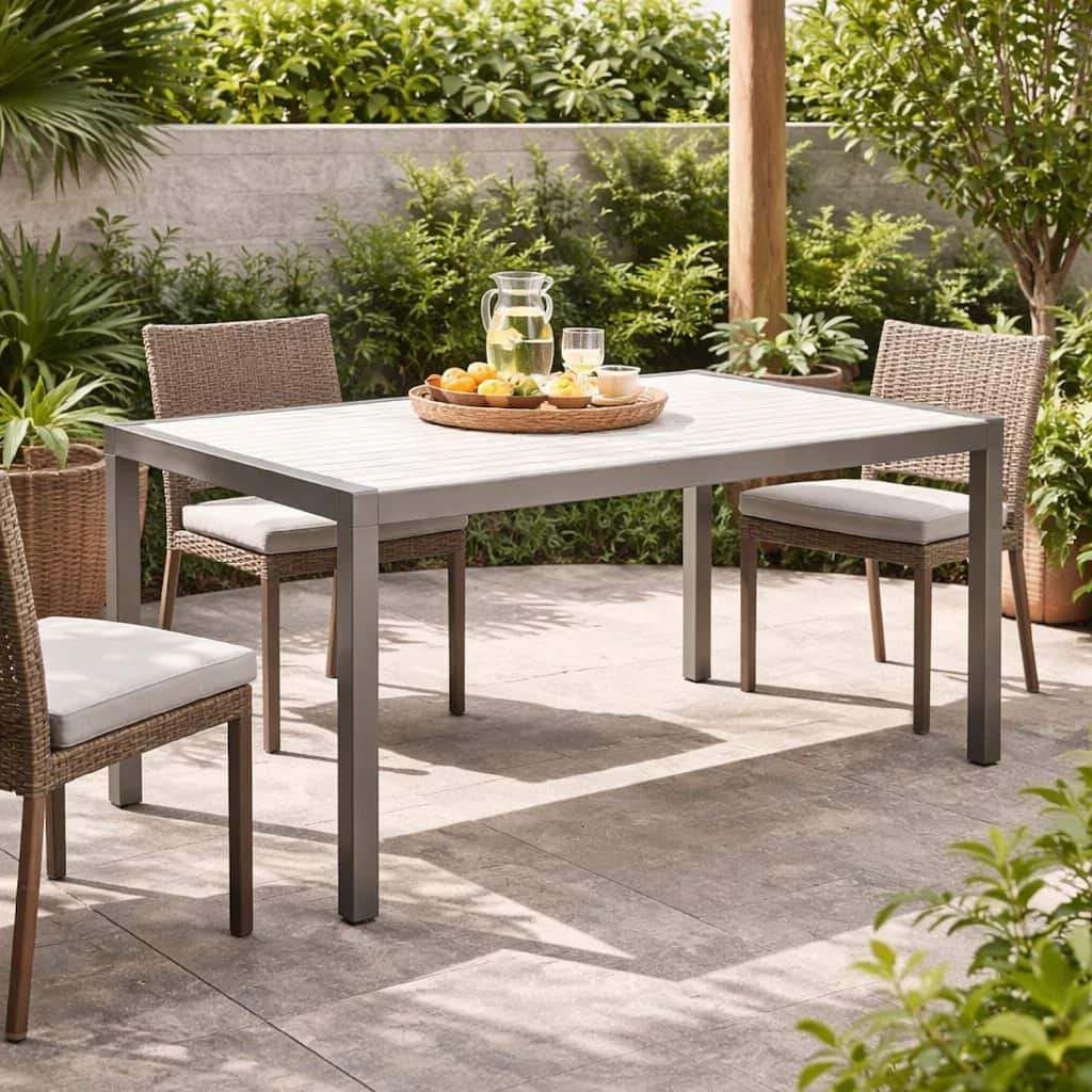 Fifi 71 Inch Outdoor Dining Table, White Polyresin Top, Gray Aluminum Frame