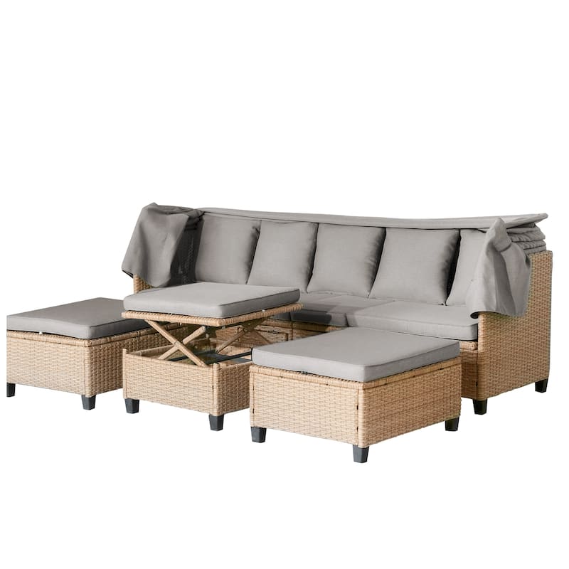 4 Piece UV-Proof Resin Wicker Patio Sofa Set with Retractable Canopy, Cushions & Lifting Table, Beige