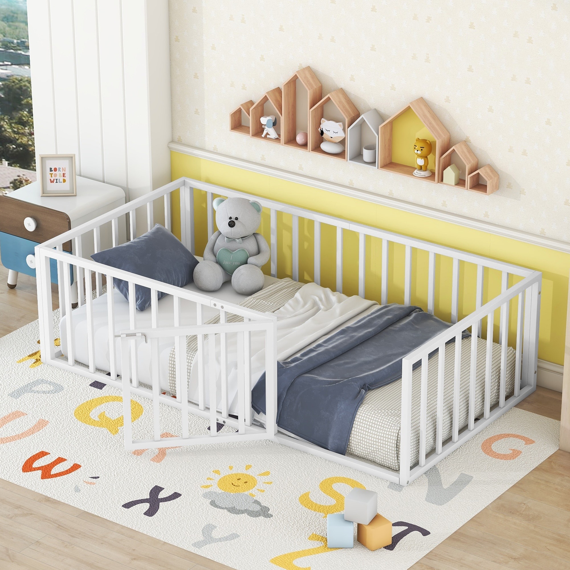 Modern Metal Kids Floor Bed Frame with Fence and Door Toddler Safe Pink Full