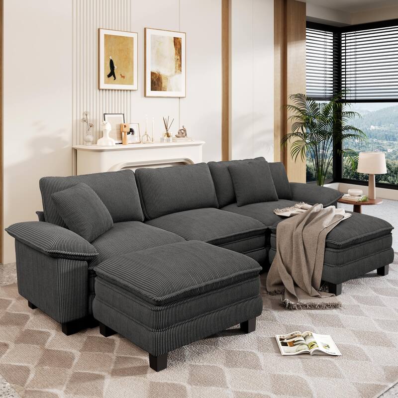 MAISON ARTS Modular Cloud Sectional Sofa, Comfy L- or U-Shaped Couch with Ottomans & Pillows, 4–6 Seat Living Room Sofa - Grey Corduroy( 5 Pieces  ) - Symmetrical