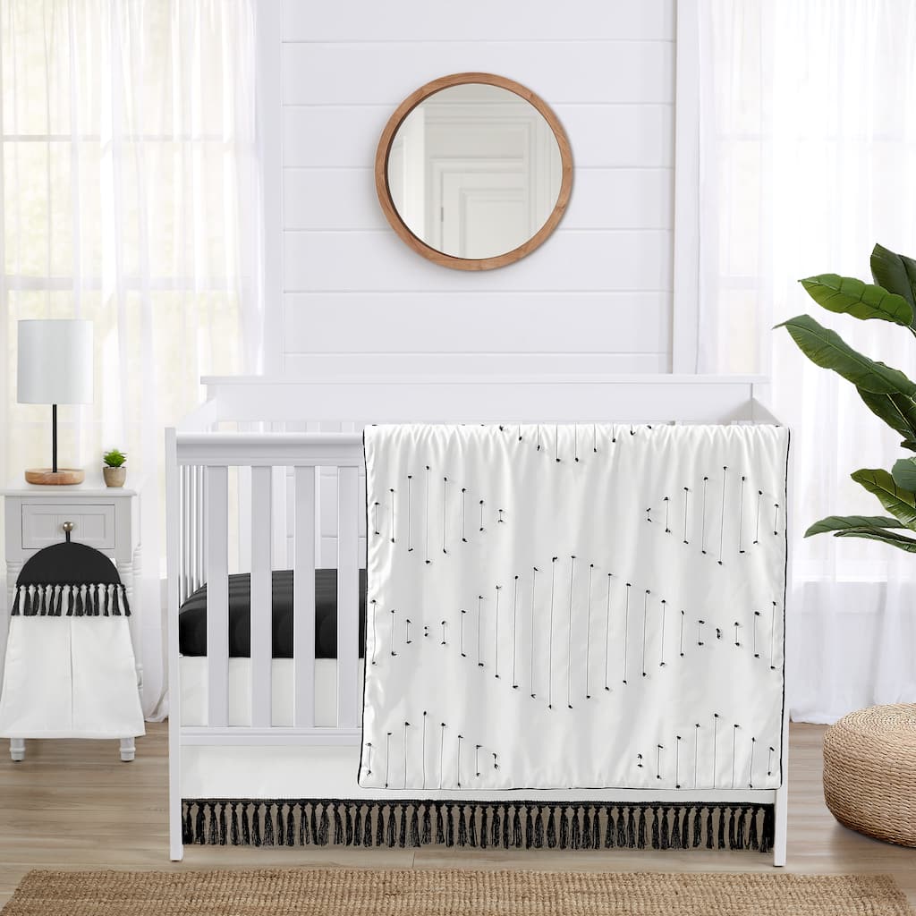 Sweet Jojo Designs Black White Boho Stitch Boy Girl Gender Neutral Unisex 4p Nursery Crib Bedding Set Farmhouse Bohemian Fringe