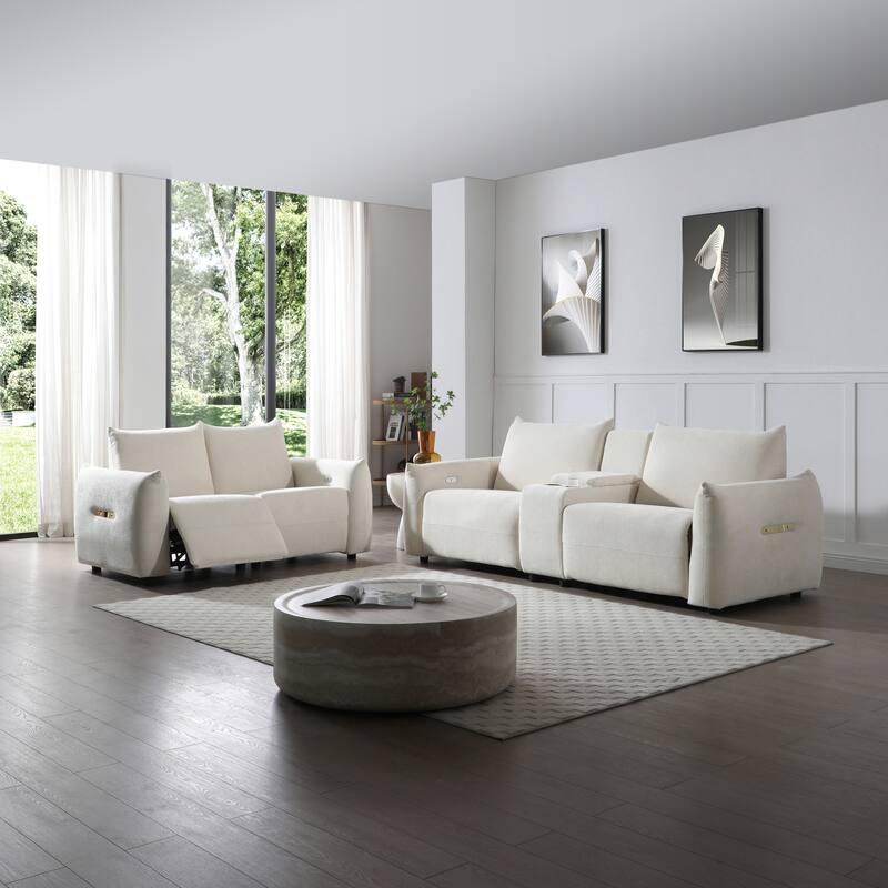 Linen 5-Seater Recliner Sofa Set with USB & Storage Console - Beige