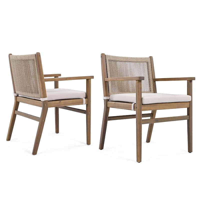 Outdoor Dining Chairs Set of 2, Acacia Wood Patio Armchair with Rope Design Back and Water Repellent Cushion