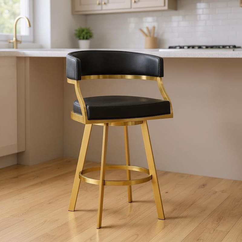 HomeRoots 26" Black and Gold Faux Leather and Stainless Steel Low Back Counter Height Swivel Bar Chair - Counter Height - Black - Single