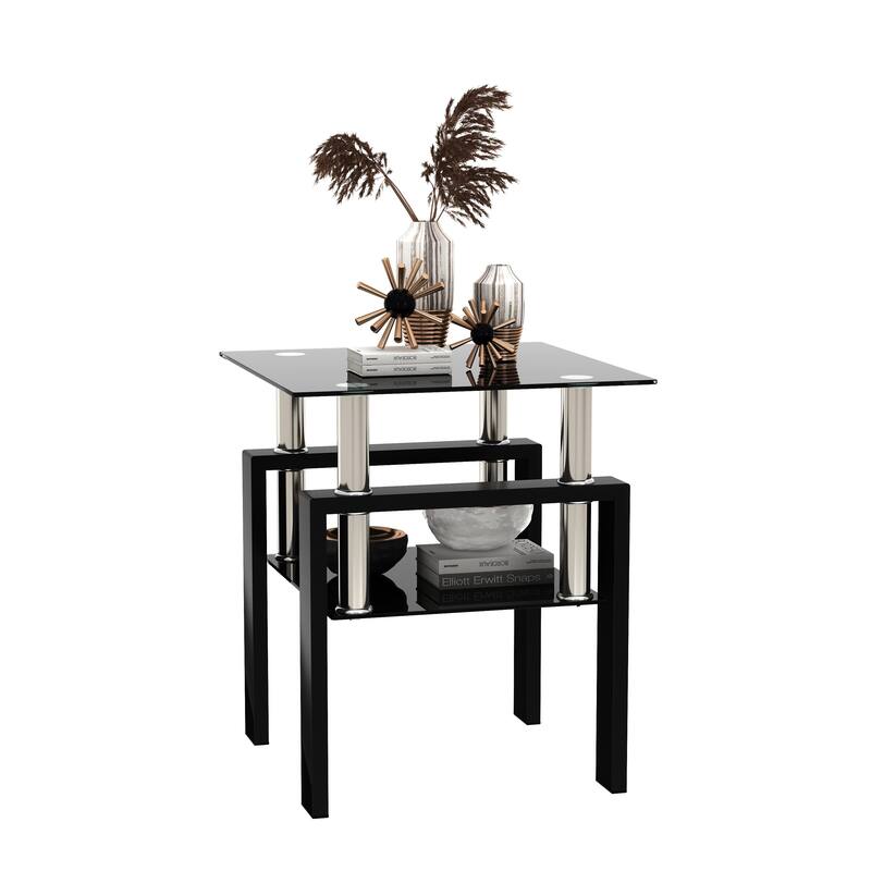 1-Piece Modern Tempered Glass Tea Table Coffee Table End Table - Black