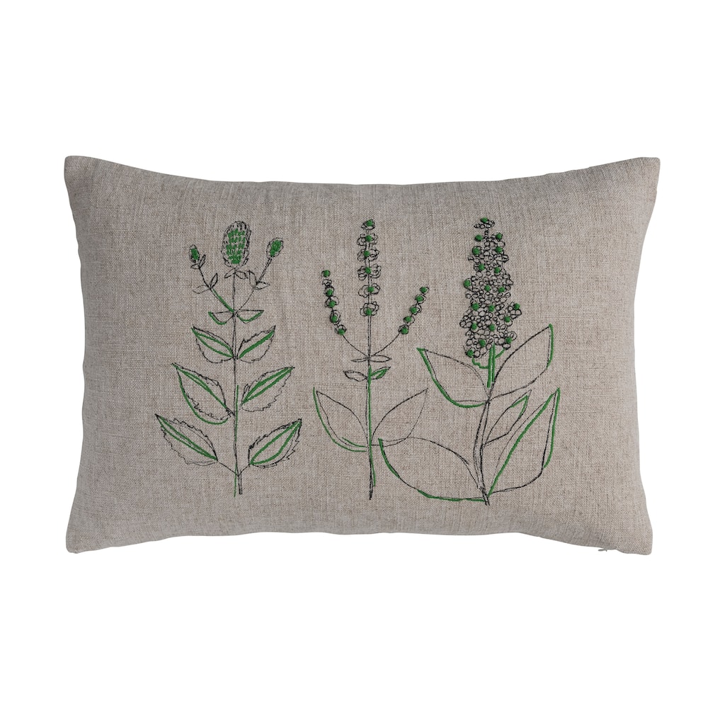 Hand-Embroidered Linen Blend Printed Lumbar Pillow with Botanicals