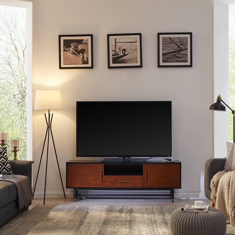 63" Midcentury Modern TV Cabinet, Whiskey Maple & Black Console with Cord Outlets, for Living Room or Entryway - Black