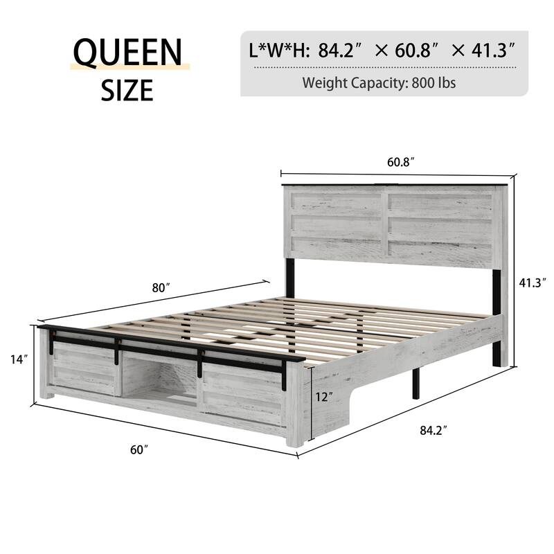 Full Size Metal Platform Bed with Upholstered Headboard and Charging Station, LED Lighting