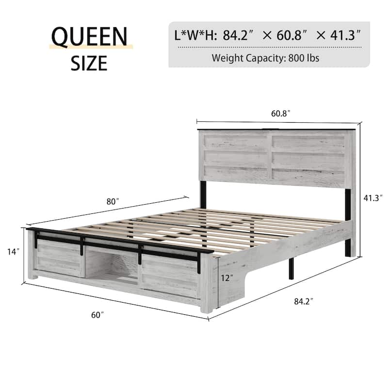 Queen Bed Frame with Upholstered Headboard and Wood Platform, Storage Headboard with Charging Station and LED