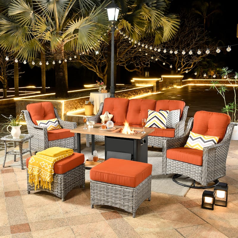 HOOOWOOO 7-piece Wicker High Back Patio Furniture Swivel Rocker Set with Fire Pit - Red/Orange