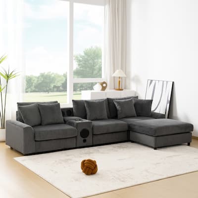 114*64'' Corduroy Sectional Sofa with Bluetooth Speakers, L Shaped Couch with Convenient Features for Living Room