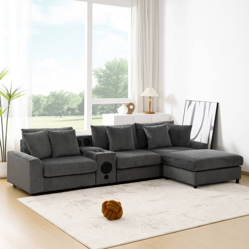 Modular Corduroy Sectional Sofa with Bluetooth Speakers, Charging Ports, Cup Holders, Storage and Ottoman for Living Room - Dark Gray