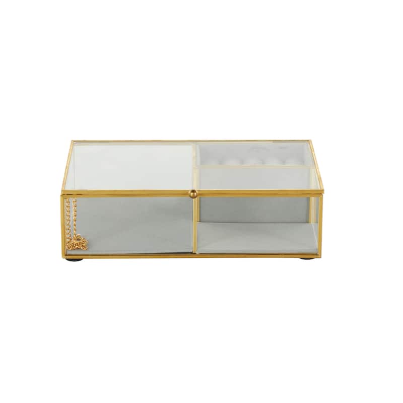 Clear Glass Jewelry Box with Gold Metal Frame and Gray Fabric Interior with Ring Slots