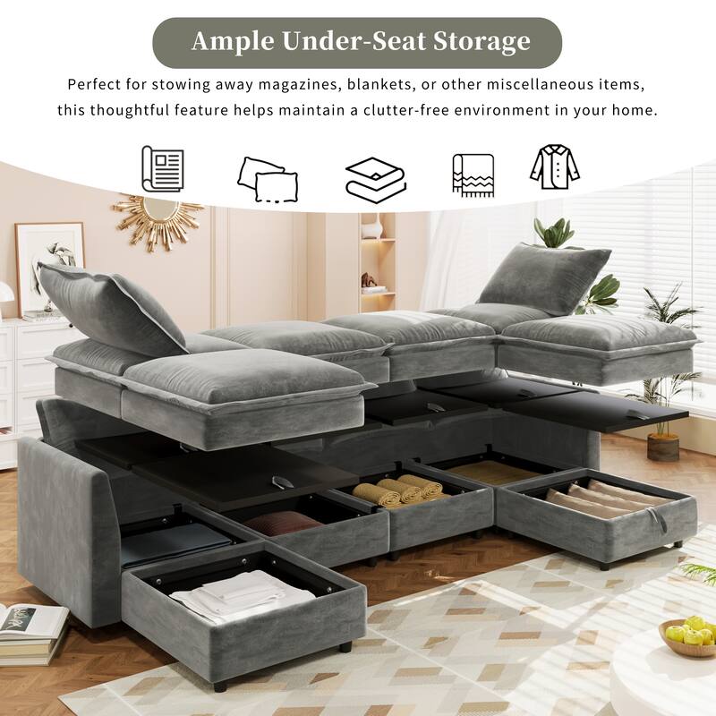 126" 6-Piece Modular Sofa Bed with Storage and Double-Layer Cushions
