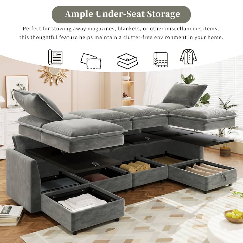 6-Piece Modular Sofa Bed 126" with Under-Seat Storage, Faux Cushions