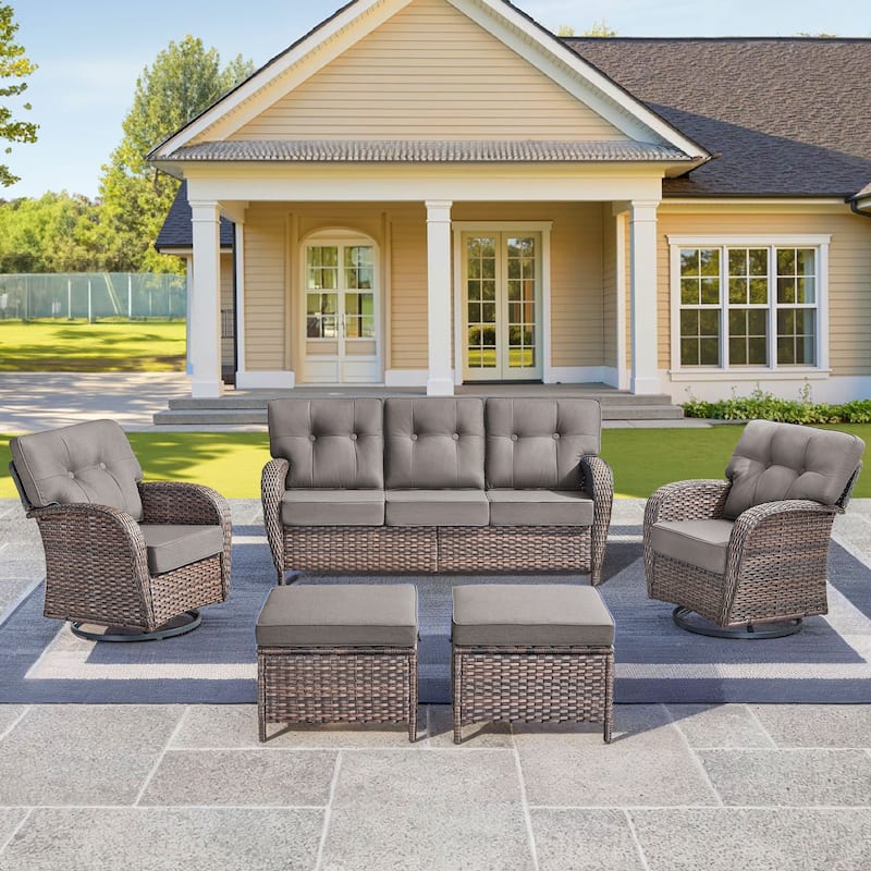 5 Pieces Pocassy Sofa Ottoman with Swivel Chairs - Brown Wicker & Red Cushion