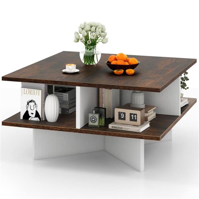 2-Tier 24” Square Wooden Living Room Coffee Table with 4 Storage Compartments and Cross Base - 24" x 24" x 13"