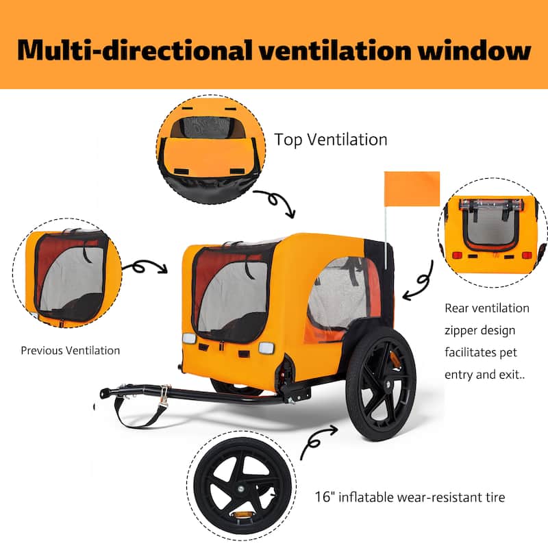 Heavy Duty Collapsible Pet Bike Trailer with 16" Wheels, Foldable Dog Bicycle Carrier Cart with Hitch & Reflectors