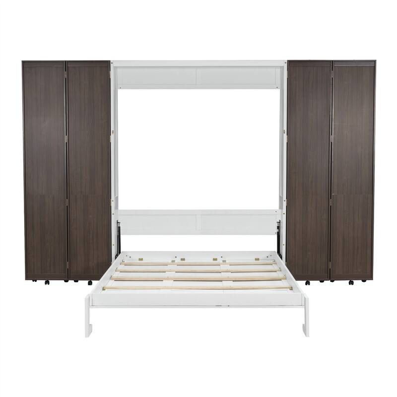 Queen Size Murphy Bed Wall Bed with Storage Doors, Foldable Space Saving Murphy Cabinet Bed with Storage Shelves