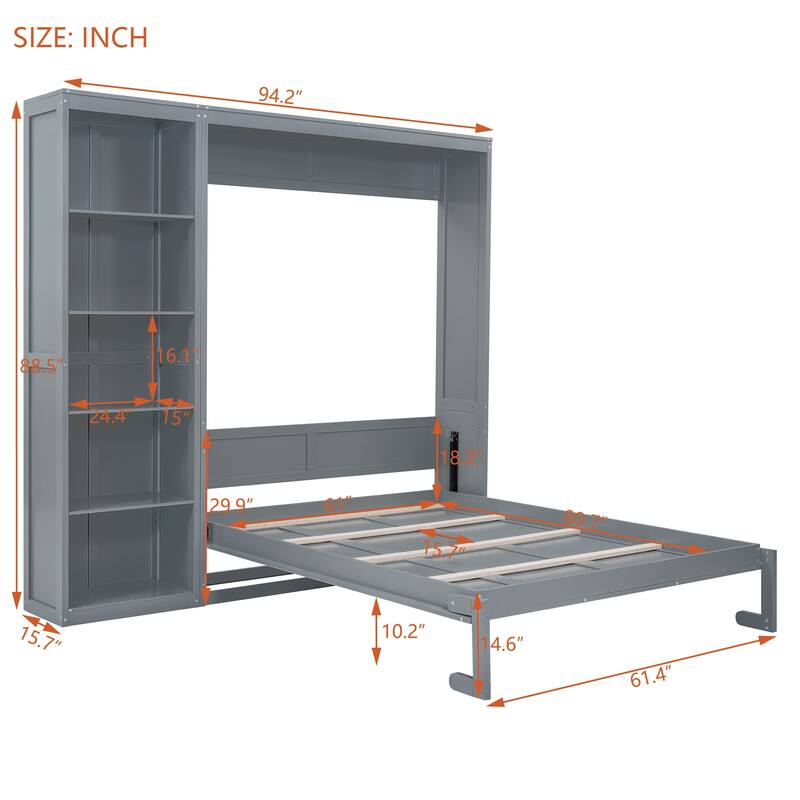 Space Saving Murphy Bed Wall Bed with 5 Layer Storage Shelves, Wood Foldable Platform Bed Frame, No Box Spring Needed