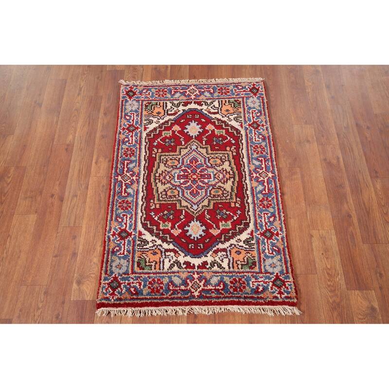 Red Heriz Serapi Indian Accent Rug Hand-Knotted Wool Carpet - 2'0" x 3'0"