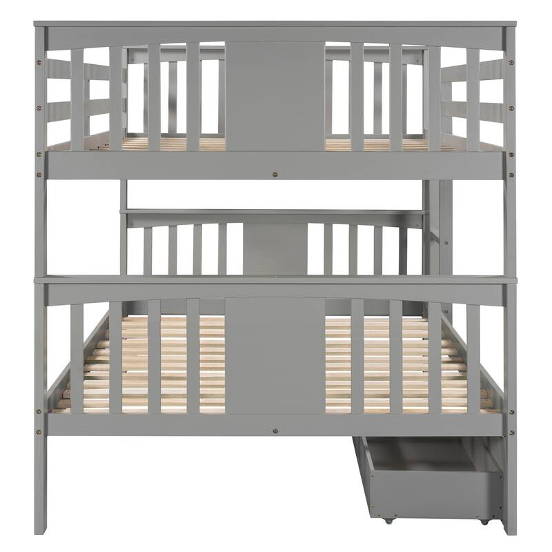 Full over Full Bunk Bed with Drawers and Ladder, Gray, Space-Saving Bedroom Furniture