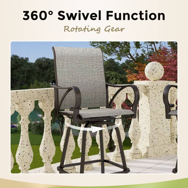 3/5-Piece Patio Bar Stool Set Wood-look Table & Grey Textilene Sling Fabric Swivel Bar Stools