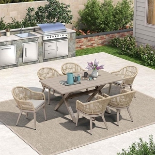PURPLE LEAF 7 Pieces Patio Dining Set with Outdoor Aluminium Square Dining Table and Woven Rattan Chairs