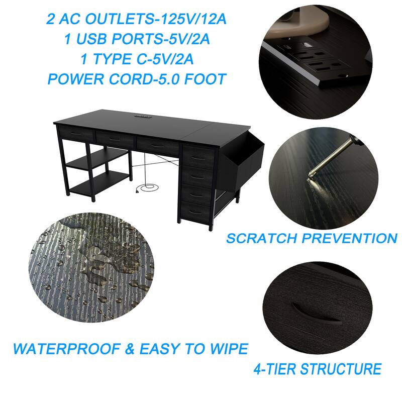 47.3" Computer Desk with 7 Drawers, Extra Large Side Pocket, and Power Outlets
