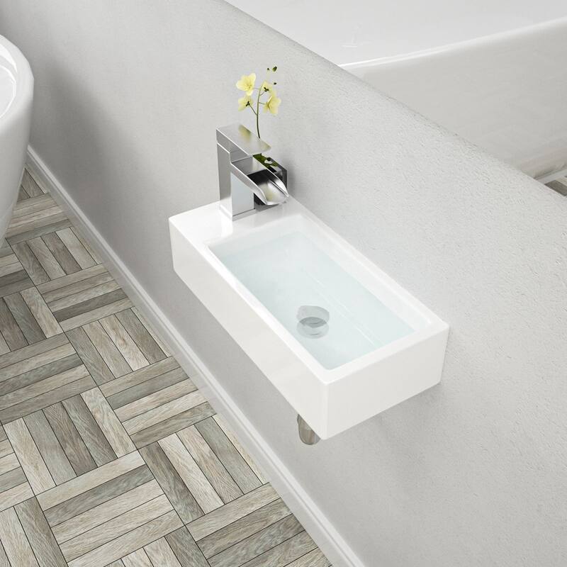 Lordear 14.5 inch White Rectangular Ceramic Wall Hung Sink with Side Faucet Mount