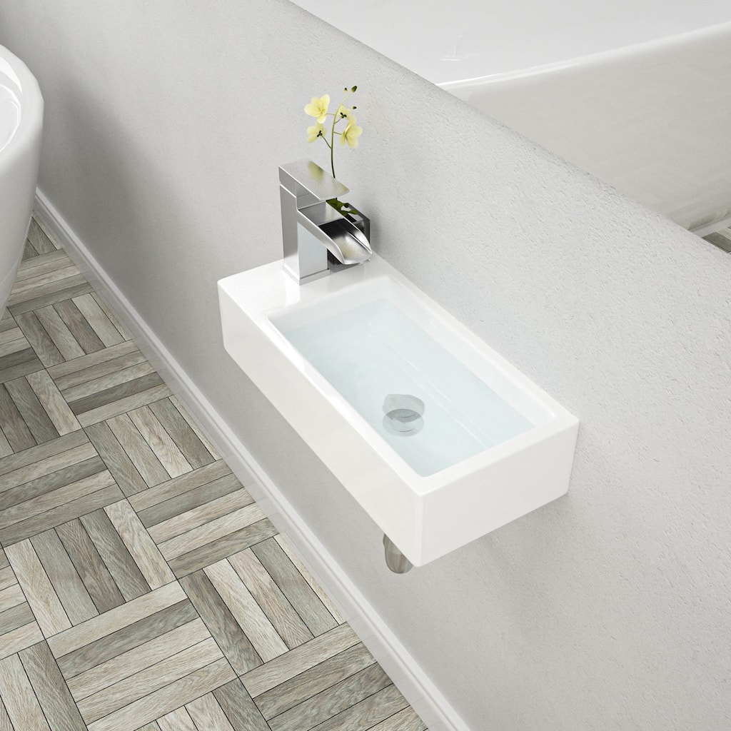 Lordear 14.5 inch White Rectangular Ceramic Wall Hung Sink with Side Faucet Mount