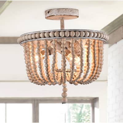 Vintage 3-Light Beige Bohemia Style Wood Bead Semi Flush Mount Ceiling Lamp