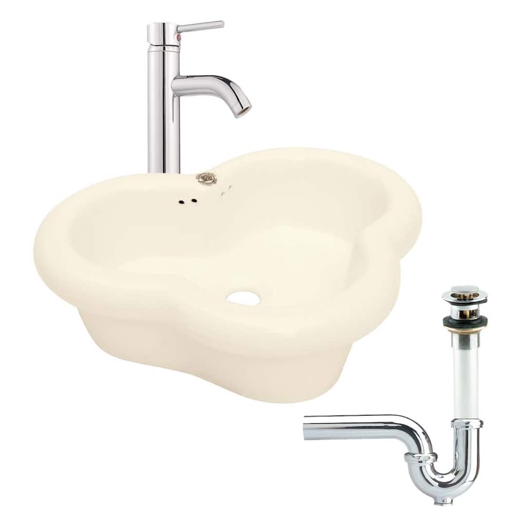 20" W Unique Countertop Vessel Bathroom Sink Biscuit Ceramic Sink With Overflow, Faucet, Drain and P-Trap Renovators Supply