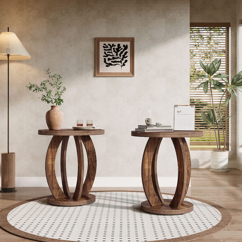 Round Side Table with Storage, Farmhouse End Table for Living Room Small Space - 2 packs - Dark Brown