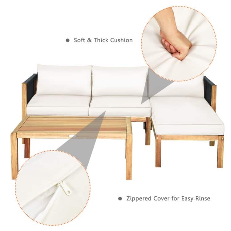 3 Piece Patio Acacia Sofa Set with Nylon Armrest - 52" x 26" x 25"(L x W x H)