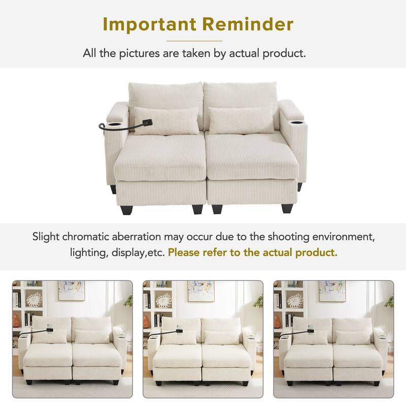 63" Convertible Chaise Lounge Chair, Corduroy Upholstered Sofa Bed with USB Ports & Cup Holders, Living Room Loveseat Sofa