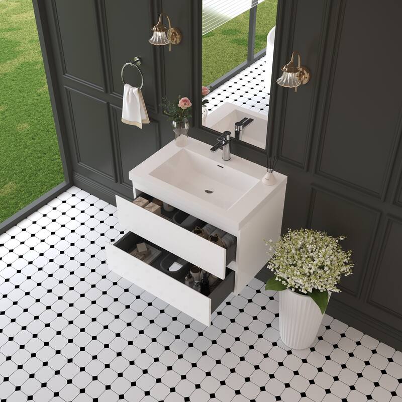 Modern Wall-Mounted Bathroom Vanity with White Solid Surface Top