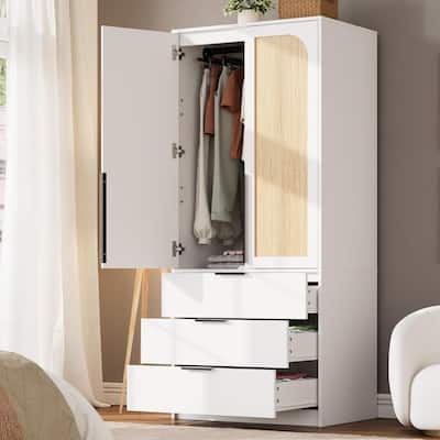 Garvee Rattan Door Armoire Wardrobe Closet, 69.5" Wooden Wardrobe Cabinet with 3 Drawers