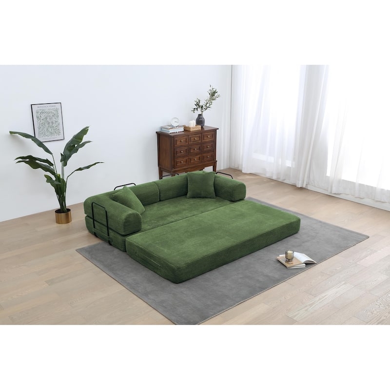 Convertible Sleeper Sofa Bed with Cylindrical Pillow - Corduroy Folding Mattress Couch with Fixed-Shape Frame