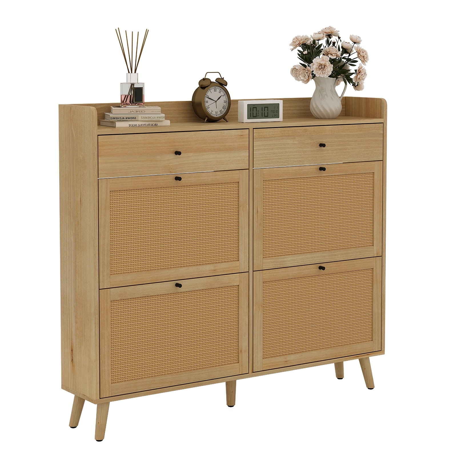 Shoe Cabinet with 4 Natural Rattan Flip Drawers & 2 Drawer - Wood color